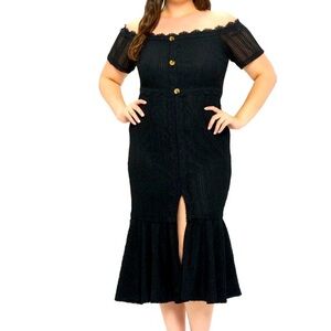 COPY - PLUS SIZE OFF SHOULDER BUTTONS FRONT SLIT KNITTED MIDI DRESS